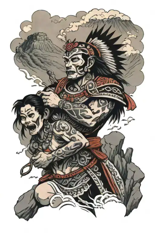 Aztec warrior holding deceased women in his arms with mountains behind them. tattoo design idea