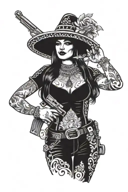 beautiful is mexican women with sombrero and two guns wit bullets across chest in X shape.  tattoo design idea