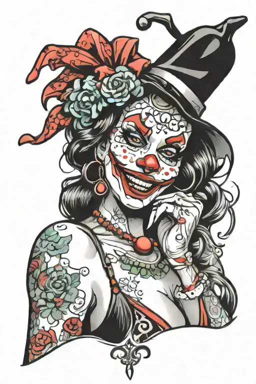 clown girl in bikini instead of a face put in a stick face tattoo design idea