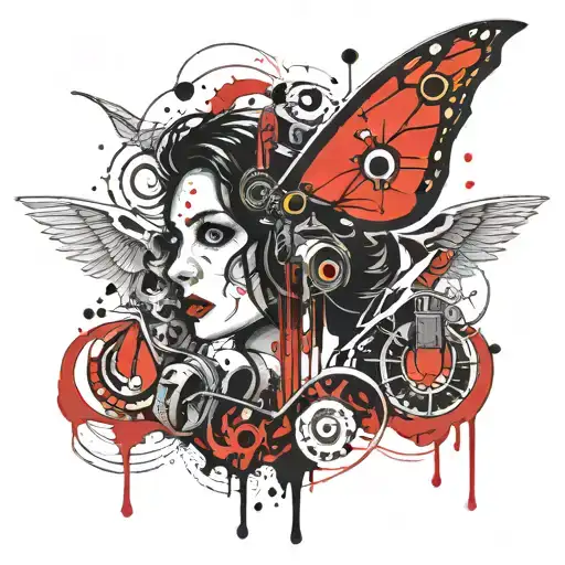 A tattoo of the name Coraline within the mouth of archangel Raphael  tattoo design idea