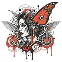 A tattoo of the name Coraline within the mouth of archangel Raphael  tattoo design idea