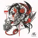 A tattoo of the name Coraline within the mouth of archangel Raphael  tattoo design idea