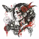 A tattoo of the name Coraline within the mouth of archangel Raphael  tattoo design idea