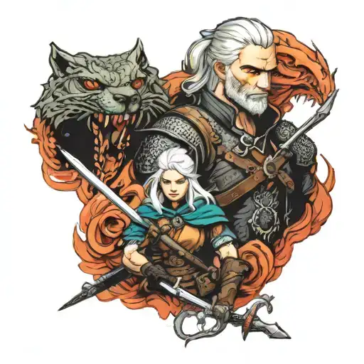 witcher, geralt, ciri, silver sword, basilisk  tattoo design idea