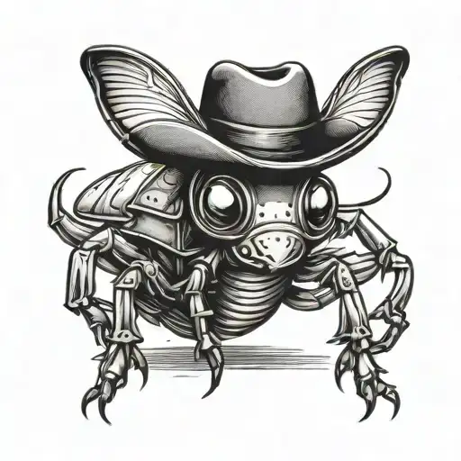 Cute small bug standing on hind legs wearing a cowboy hat, with one hand pointing to the side, one hand on the hip. tattoo design idea