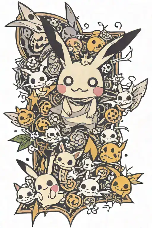 Mimikyu in the middle with manga panels surrounding it  tattoo design idea