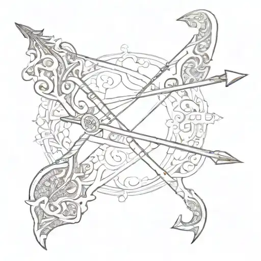 Ancient Greek bow and arrow design with intricate patterns tattoo design idea