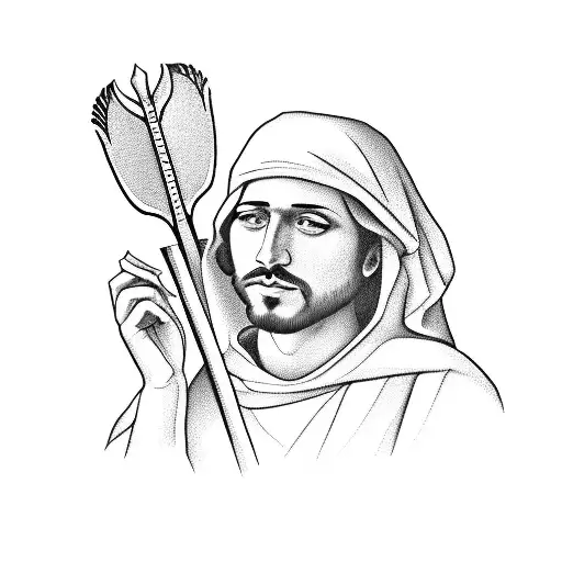 A stylized portrait of St. Jude holding a carpenter's tool, symbolizing strength and faith in your occupation tattoo design idea