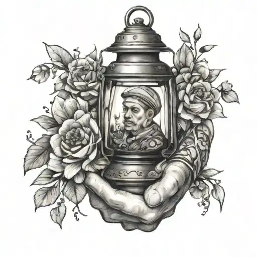 healer holding lantern wrapped in flowers tattoo design idea