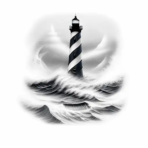 rough seas, lighthouse and ship tattoo design idea