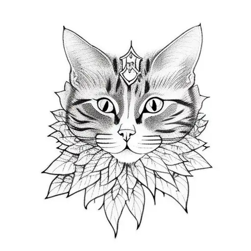 Cat with foliage including catnip tattoo design idea