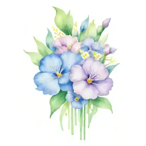 carnation, snow drop, violets and primrose flower bouquet tattoo design idea