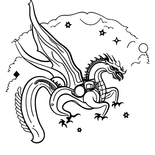 A western cowboy riding a mechanical dragon in outer space tattoo design idea