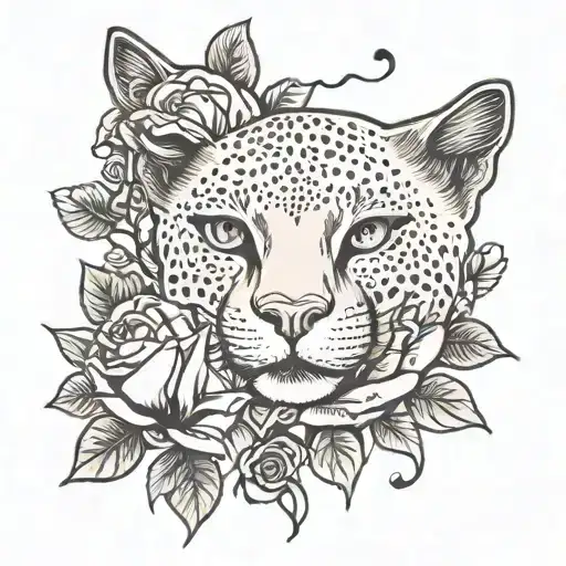 puma, roses, cosmos, tattoo design idea