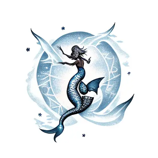 Mermaid silhouette sitting on an anchor with stars in the background tattoo design idea