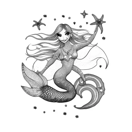 Mermaid silhouette sitting on an anchor with stars in the background tattoo design idea