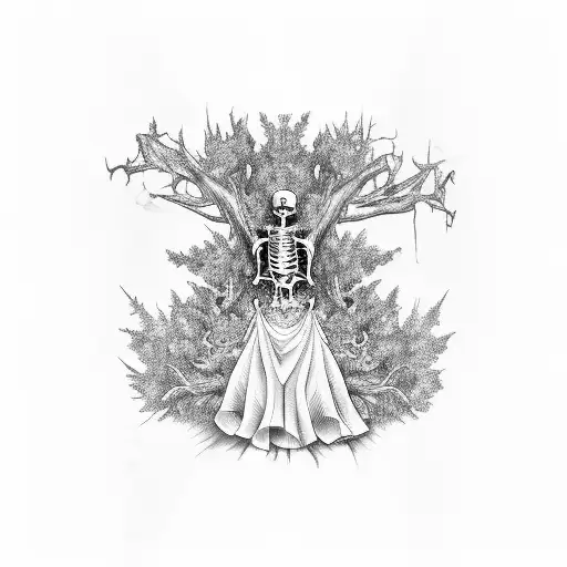 Skeleton in wedding dress trapped inside tree trunk tattoo design idea