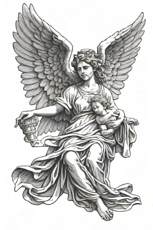 Greek statuelike influenced greyscale tattoo of a zoomed out female angel with wings pointing upwards holding a child tattoo design idea