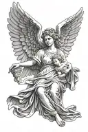 Greek statuelike influenced greyscale tattoo of a zoomed out female angel with wings pointing upwards holding a child tattoo design idea