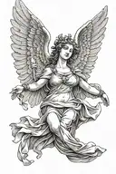 Greek statuelike influenced greyscale tattoo of a zoomed out female angel with wings pointing upwards holding a child tattoo design idea