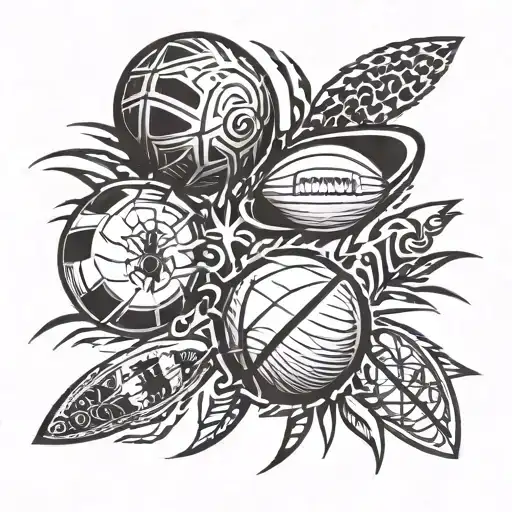 A tribal-inspired design featuring elements of rugby, basketball, football, cycling, and surfing tattoo design idea