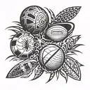 A tribal-inspired design featuring elements of rugby, basketball, football, cycling, and surfing tattoo design idea