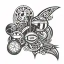 A tribal-inspired design featuring elements of rugby, basketball, football, cycling, and surfing tattoo design idea
