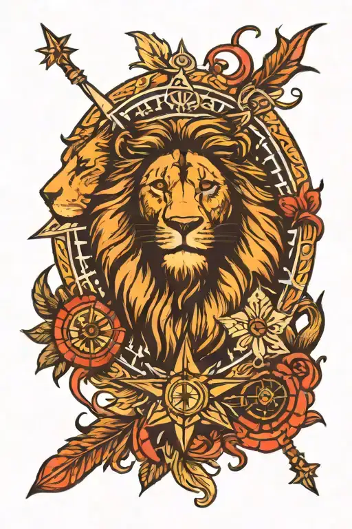 compass and lion face tattoo design idea
