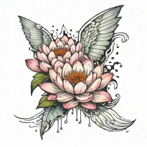 waterlily and angel wings and rain  tattoo design idea