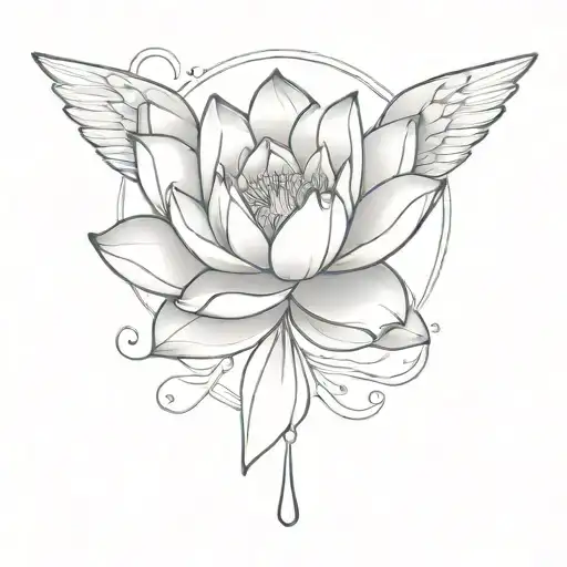 waterlily and rain and angel wings tattoo design idea