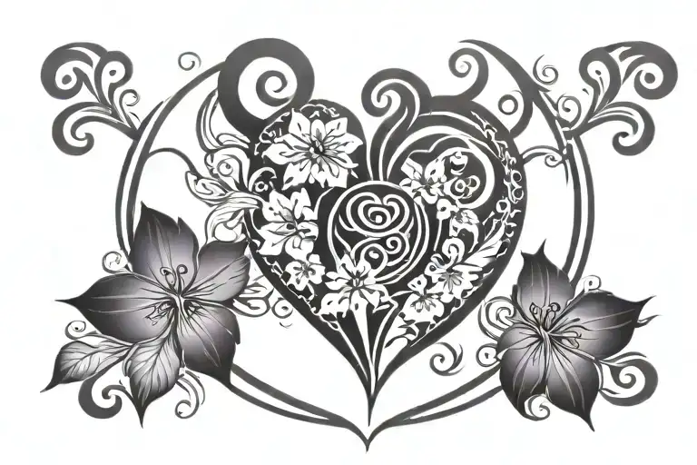 womb tatto with heart shape surrounded by lilac flower that tied the heart tattoo design idea