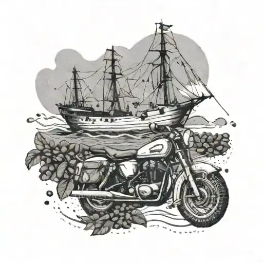 A dotwork tattoo of a ship sailing through a sea of coffee beans with a motorcycle on the deck tattoo design idea