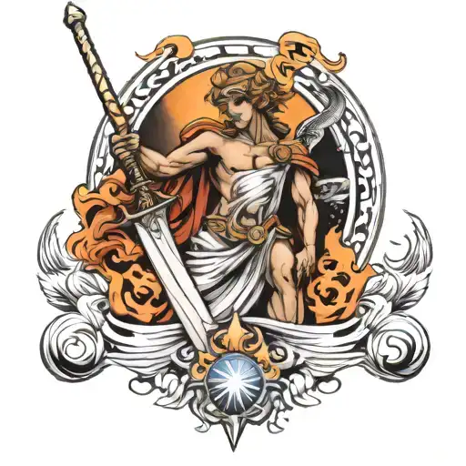 Greece angel holding sword planets fire  tattoo design idea