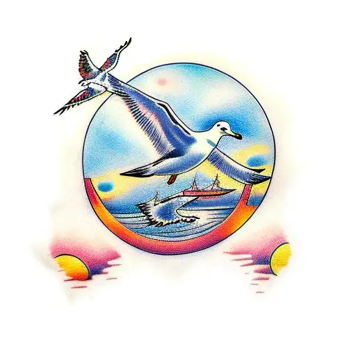 sunset with 2 seagull fly tattoo design idea