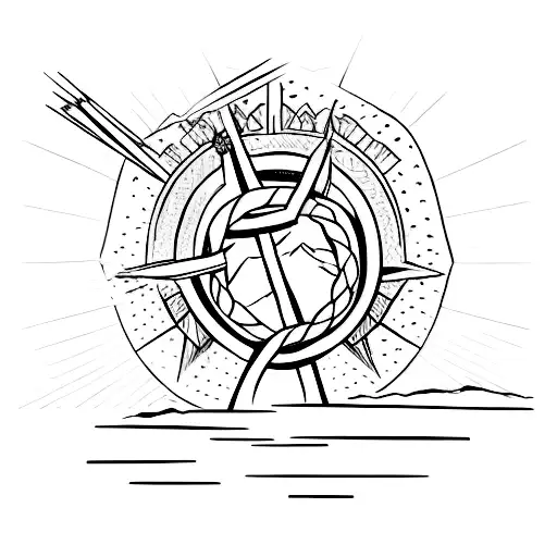 A sketch-style design of a cross surrounded by mountain scenery, symbolizing the strength of faith in overcoming challenges tattoo design idea