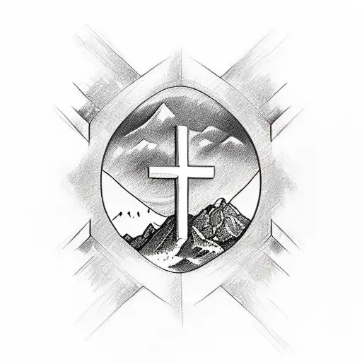 A sketch-style design of a cross surrounded by mountain scenery, symbolizing the strength of faith in overcoming challenges tattoo design idea