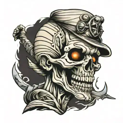 mummy with skull head stnding up and holding a knife to his teeth  tattoo design idea