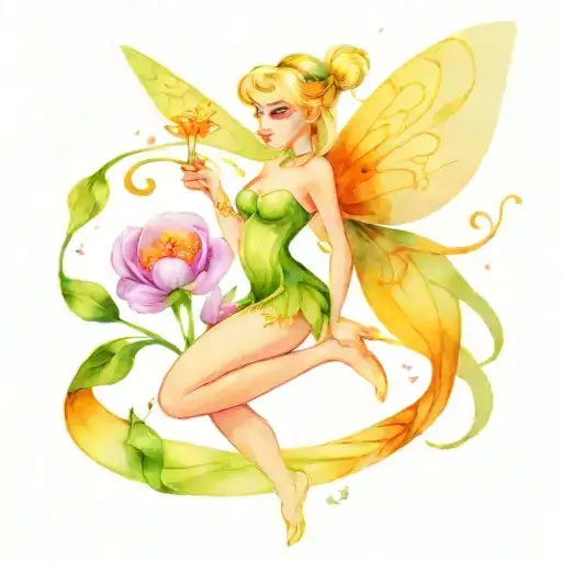A whimsical design that includes Neverland elements, Tinkerbell's wings, a sewing thimble and tigerlily flowers tattoo design idea