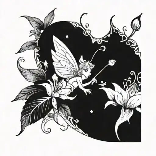 A whimsical design featuring Tinkerbell and tigerlily flowers in a blackwork style tattoo design idea
