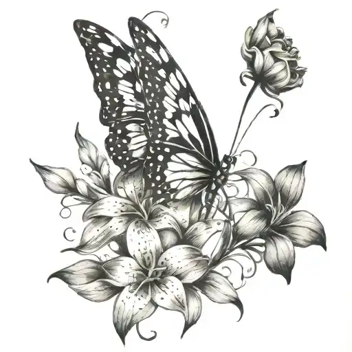 A delicate tattoo of tigerlily flowers intertwined with Tinkerbell's silhouette in a dotwork style tattoo design idea