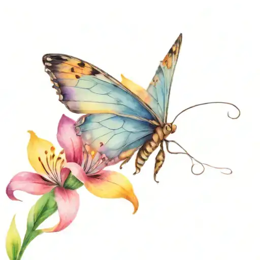 A whimsical design that includes Neverland elements, Tinkerbell's fairy wings, a sewing thimble and tigerlily flowers tattoo design idea