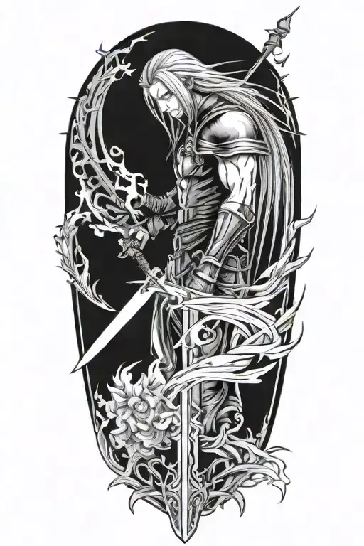 A tattoo design of sephiroth and elements from the video game Final Fantasy 7, in a black-grey style tattoo design idea