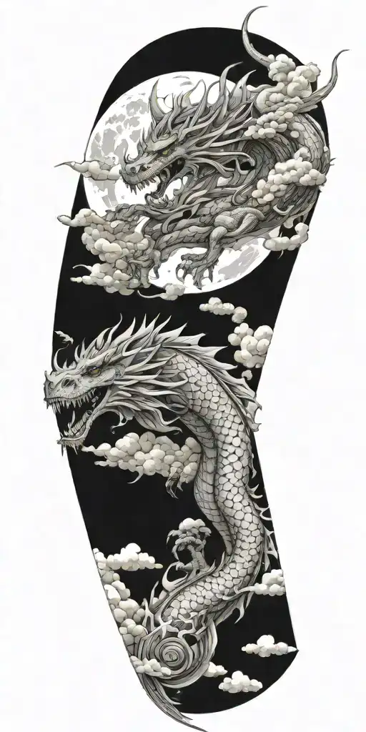 full sleeve tattoo of a large humanoid dragon with clouds, an outline of a meteor tattoo design idea