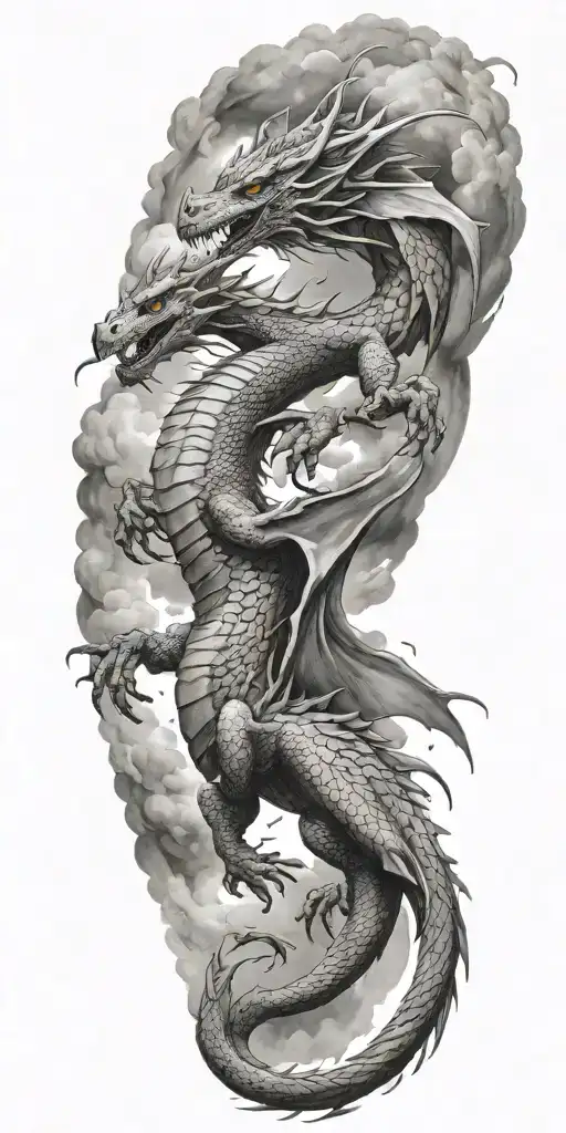full sleeve tattoo of a gray dragon with a humanoid body, long neck and tail and large wings with cloud and a meteor tattoo design idea