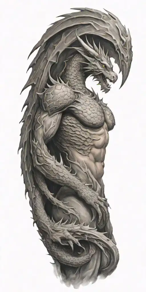 full sleeve tattoo of a gray dragon with a humanoid-body, long neck and tail and large wings with cloud and a meteor tattoo design idea