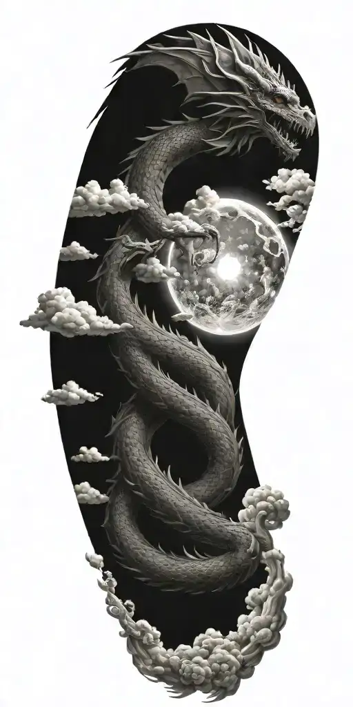 full sleeve tattoo of a large humanoid dragon with clouds, a ray of light, and dark setting tattoo design idea