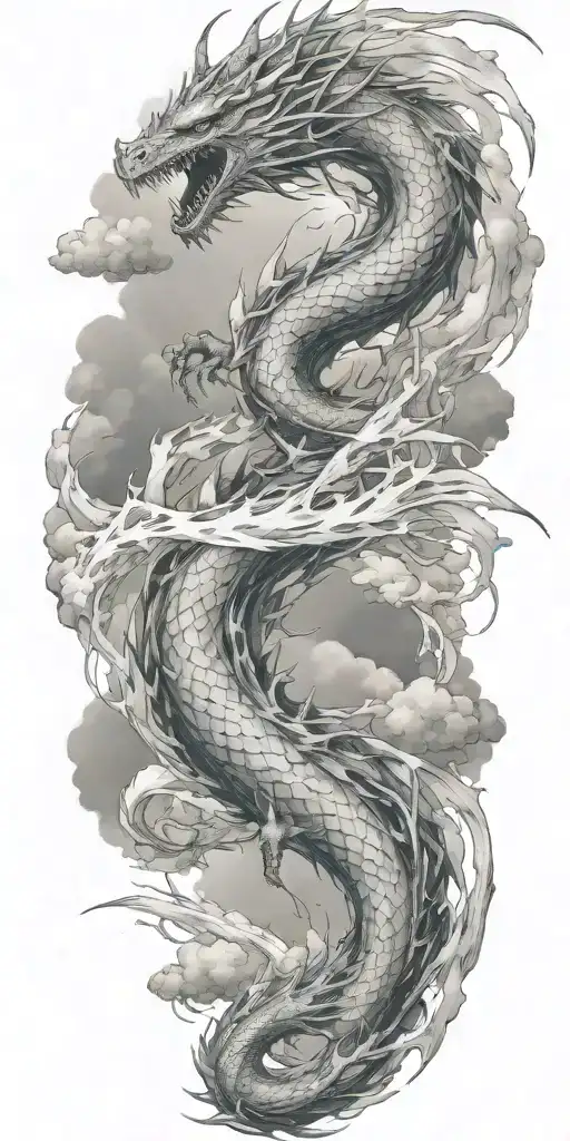 leviathan, virgo, typhoon, wings, clouds, dragon, fighting, midgar background, manlike body, storm, lightning tattoo design idea