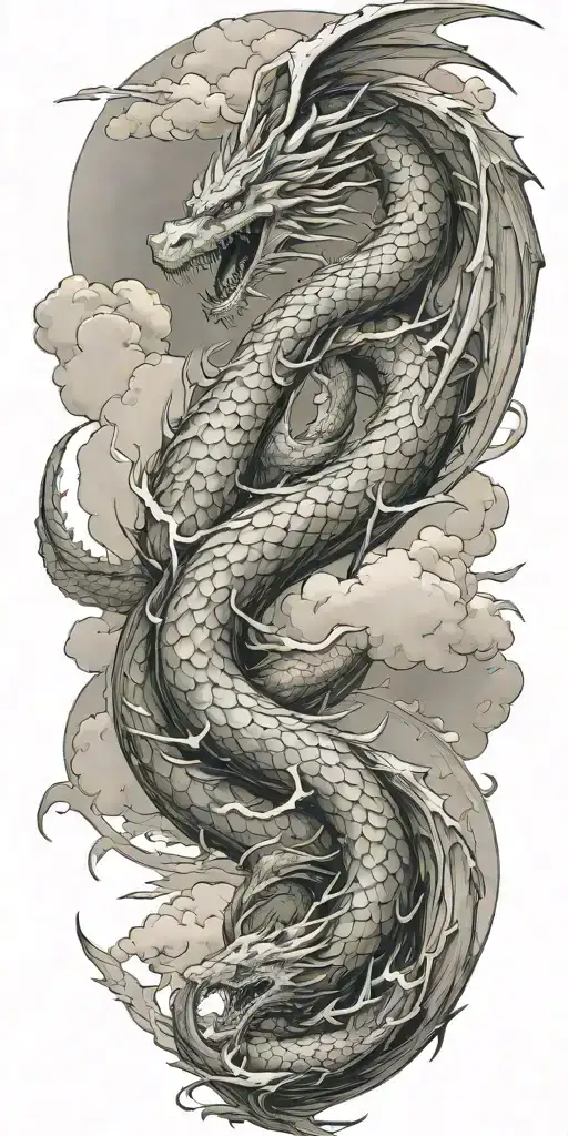 leviathan, virgo, typhoon, wings, clouds, dragon, fighting, midgar background, manlike body, single head tattoo design idea