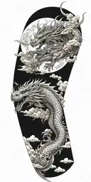 full sleeve tattoo of a large humanoid dragon with clouds, an outline of a meteor tattoo design idea