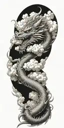 full sleeve tattoo of a large humanoid dragon with clouds, an outline of a meteor tattoo design idea
